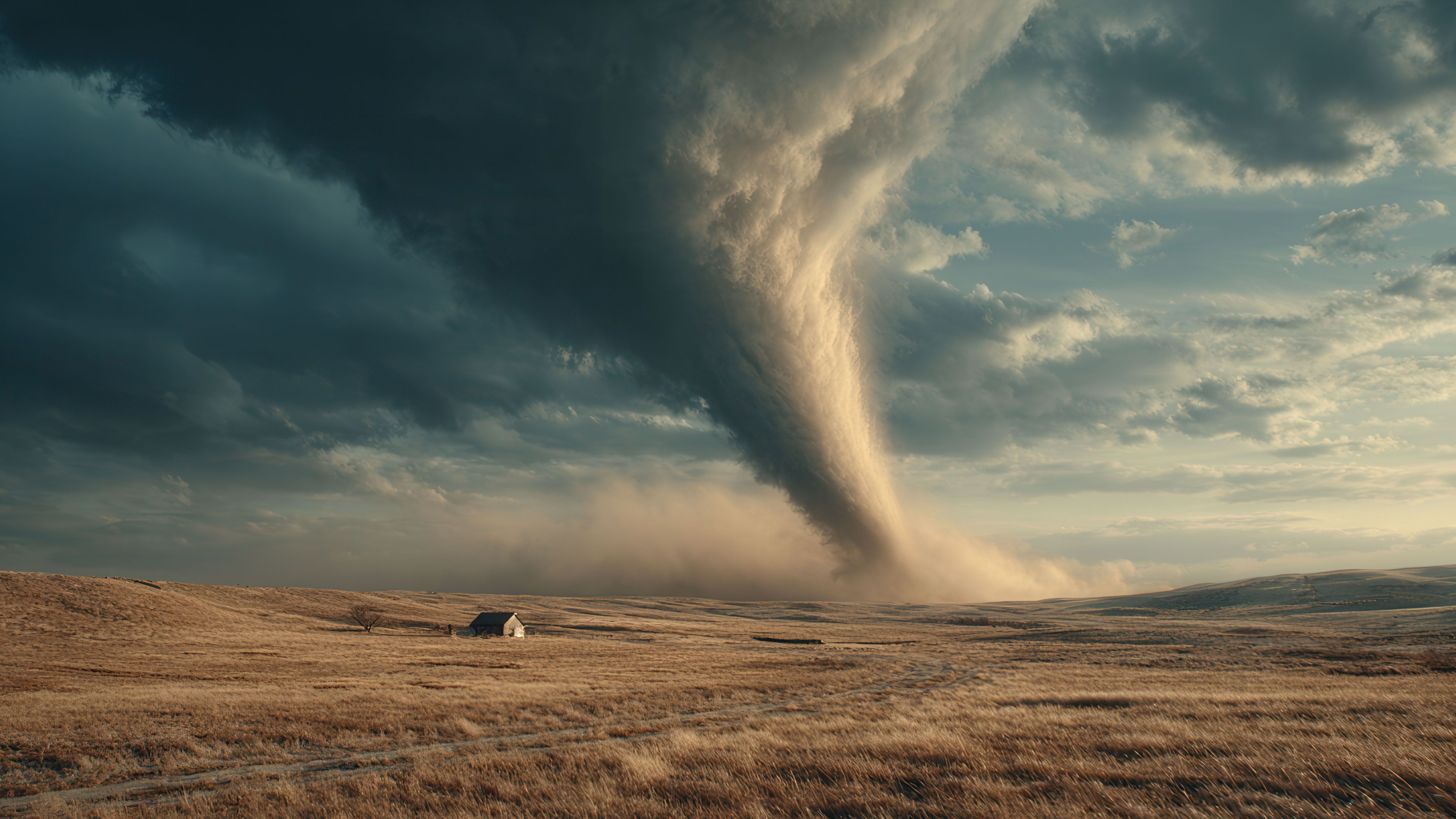 Dramatic Tornado Funnel Over Open Plains