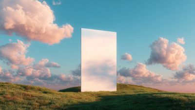 Monolith reflection of serene clouds and blue sky