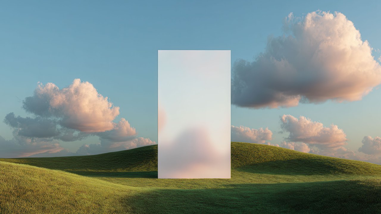 Frosted translucent panel in dreamy green landscape