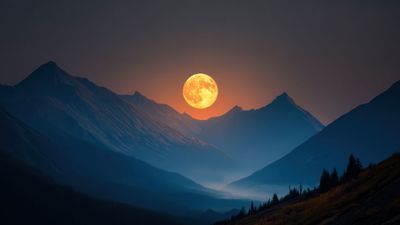 Golden Full Moon Illuminating Majestic Mountain Scenery