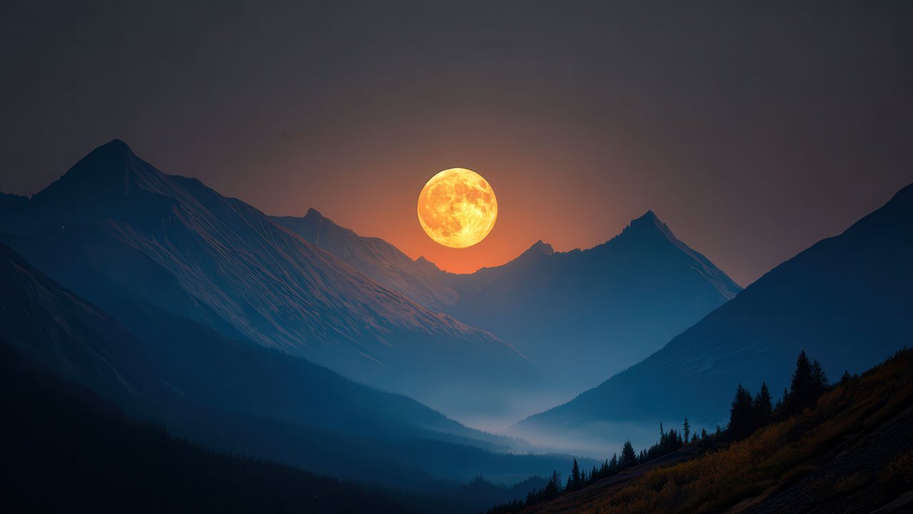 Golden Full Moon Illuminating Majestic Mountain Scenery