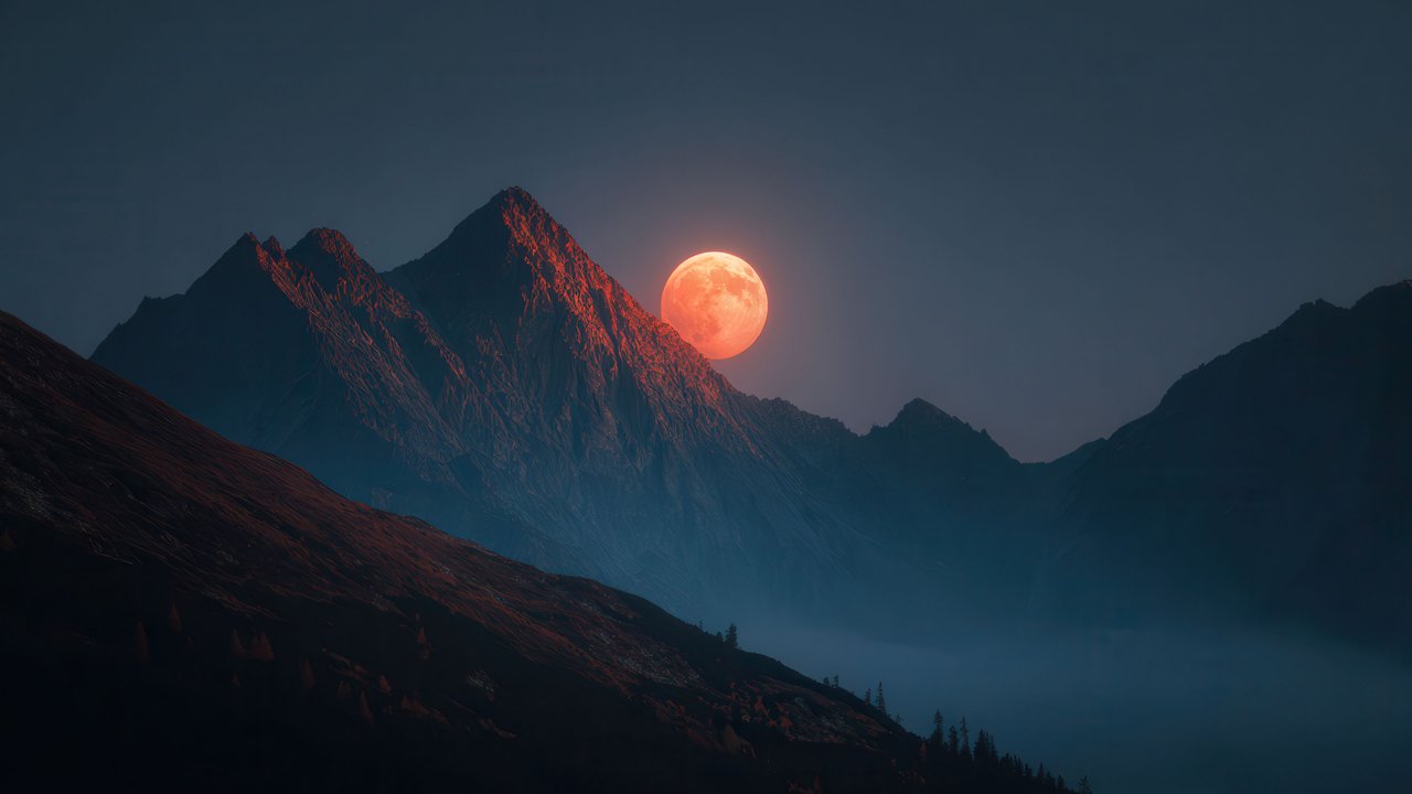 Giant Crimson Moon Above Dark Mountain Peaks