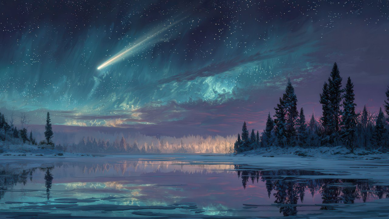 Bright Meteor Streaking Over Frozen Winter Lake