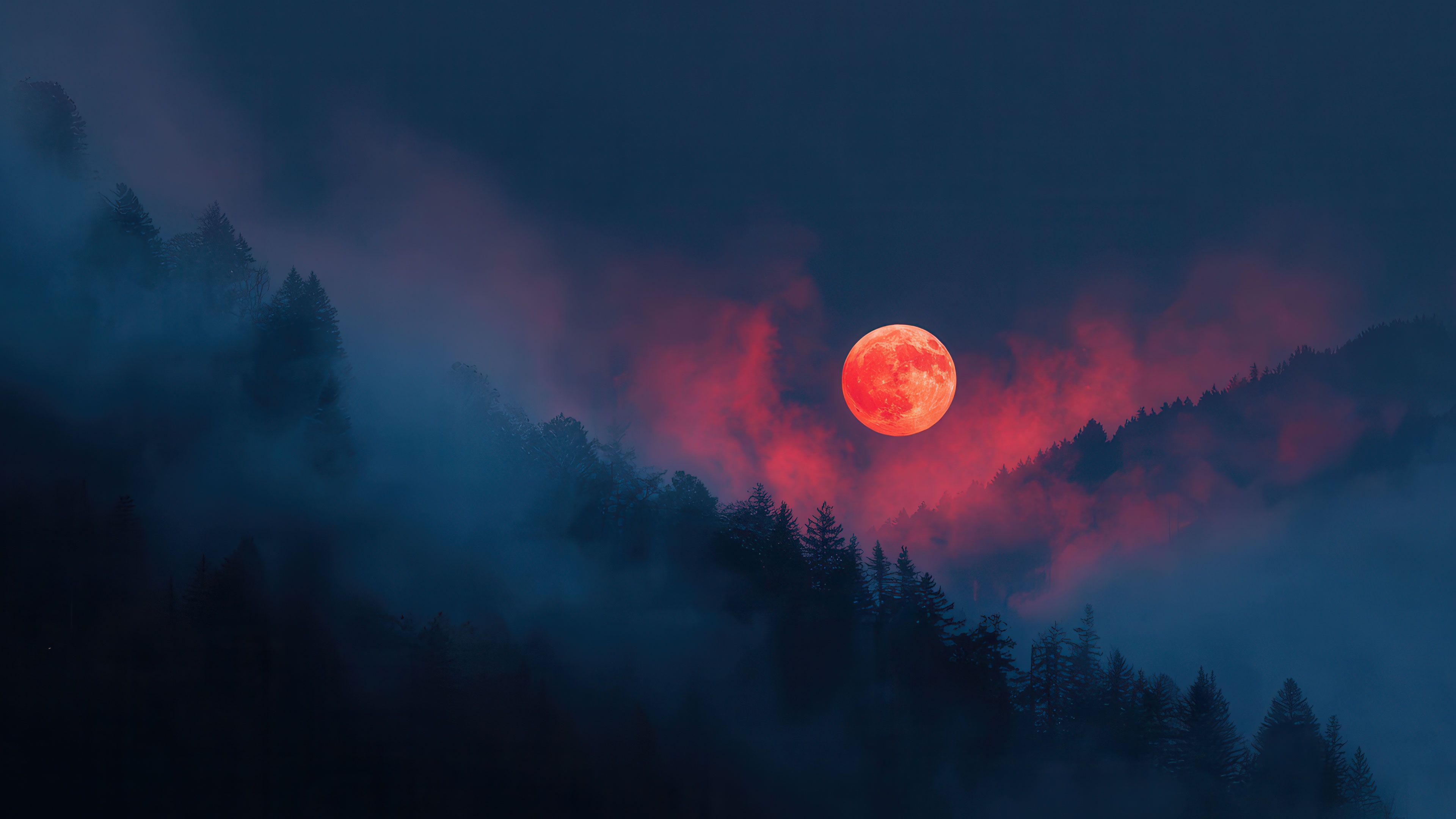 Vivid Red Moon Illuminates Misty Forest
