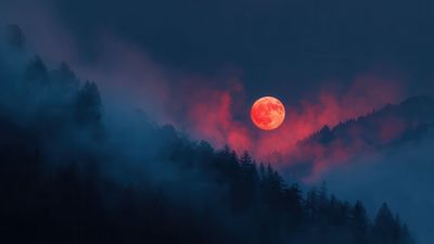 Vivid Red Moon Illuminates Misty Forest
