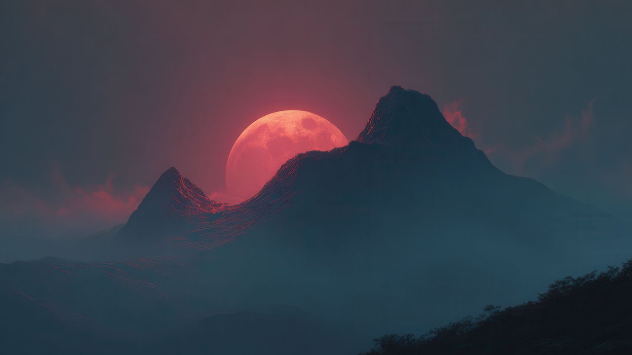 Otherworldly Red Moonscape Among Dark Mountains