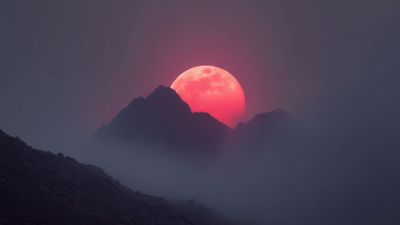 Crimson Moon Over Mysterious Mountain Range