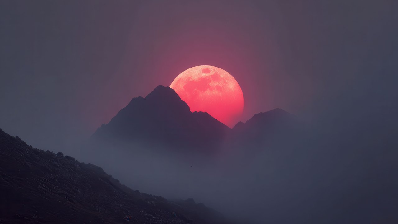Crimson Moon Over Mysterious Mountain Range