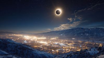 Cosmic Eclipse Above Winter City Lights