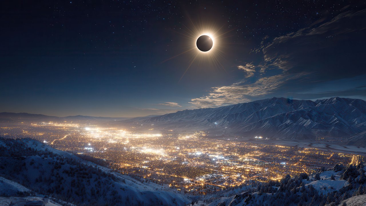 Cosmic Eclipse Above Winter City Lights