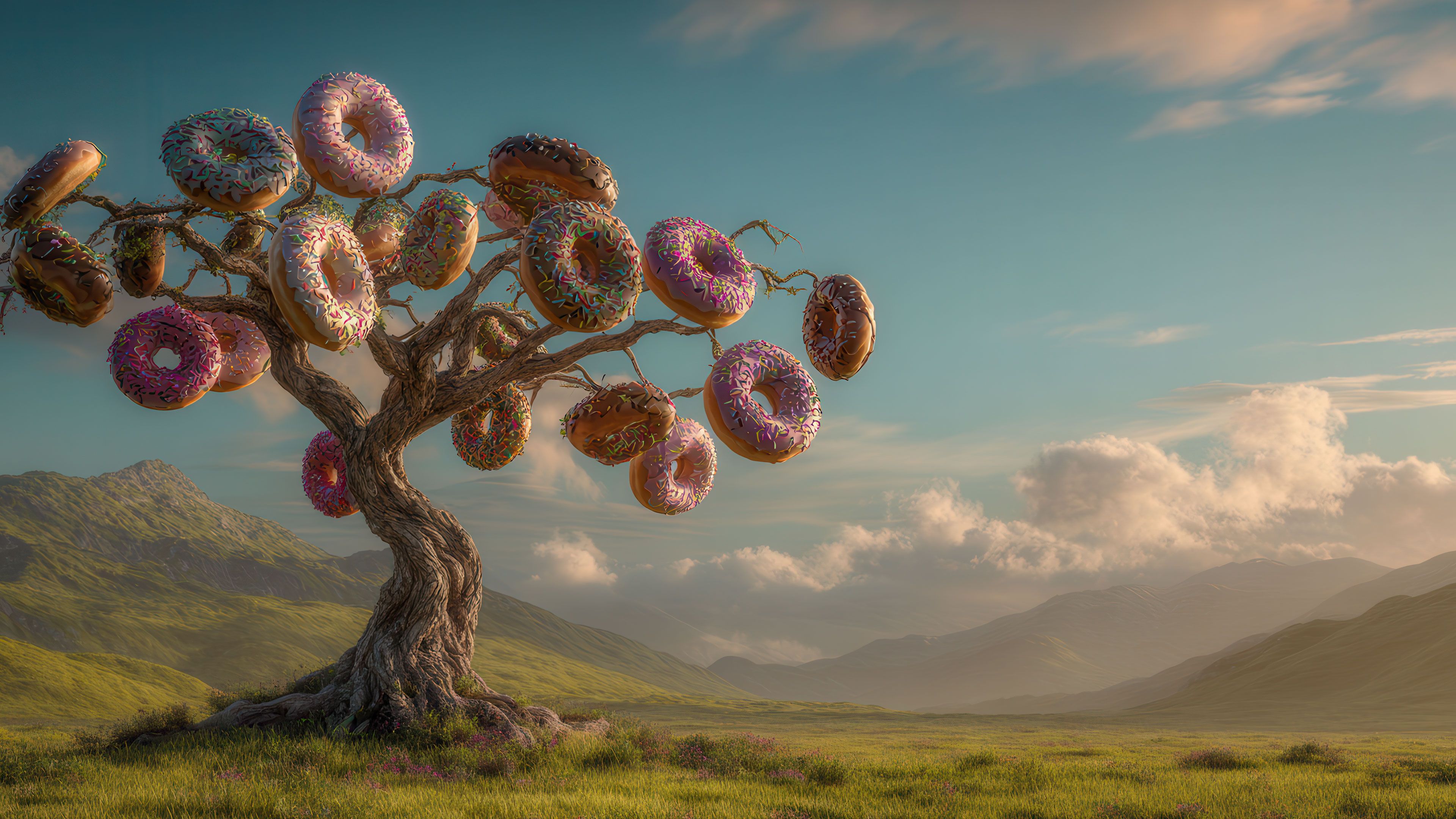 Whimsical Donut Tree in a Dreamy Landscape