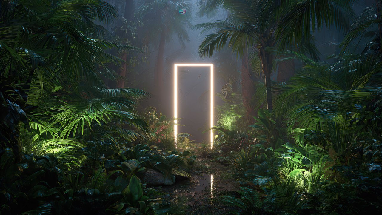 Surreal glowing doorway within a mysterious dark jungle.