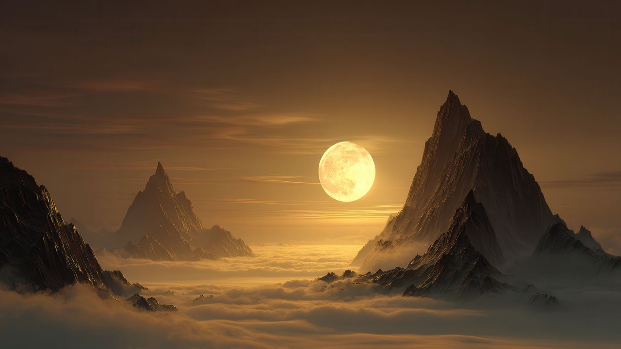 Ethereal Golden Moon Above Misty Peaks
