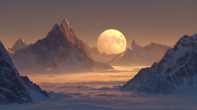 Majestic Moonscape Above Cloud Covered Mountains