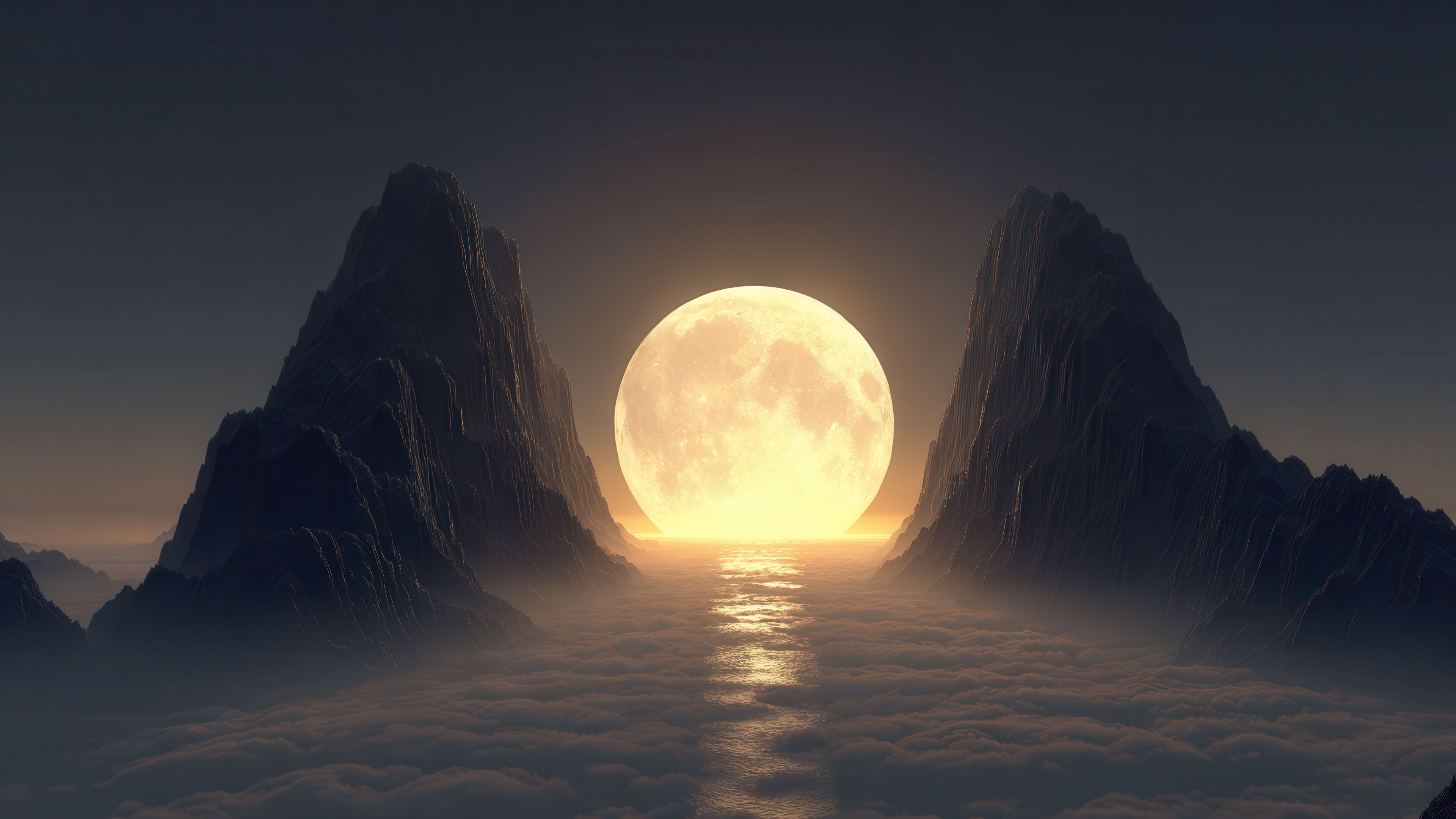 Golden Full Moon Over Cloud Filled Mountains