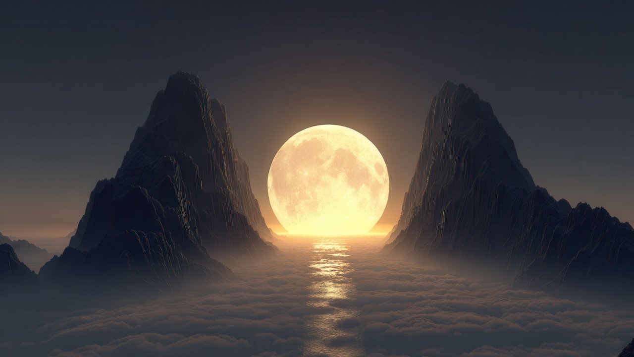 Golden Full Moon Over Cloud Filled Mountains