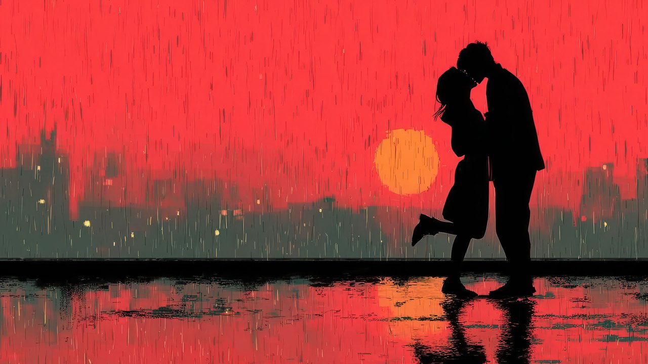 Silhouetted Lovers Rainy Red City
