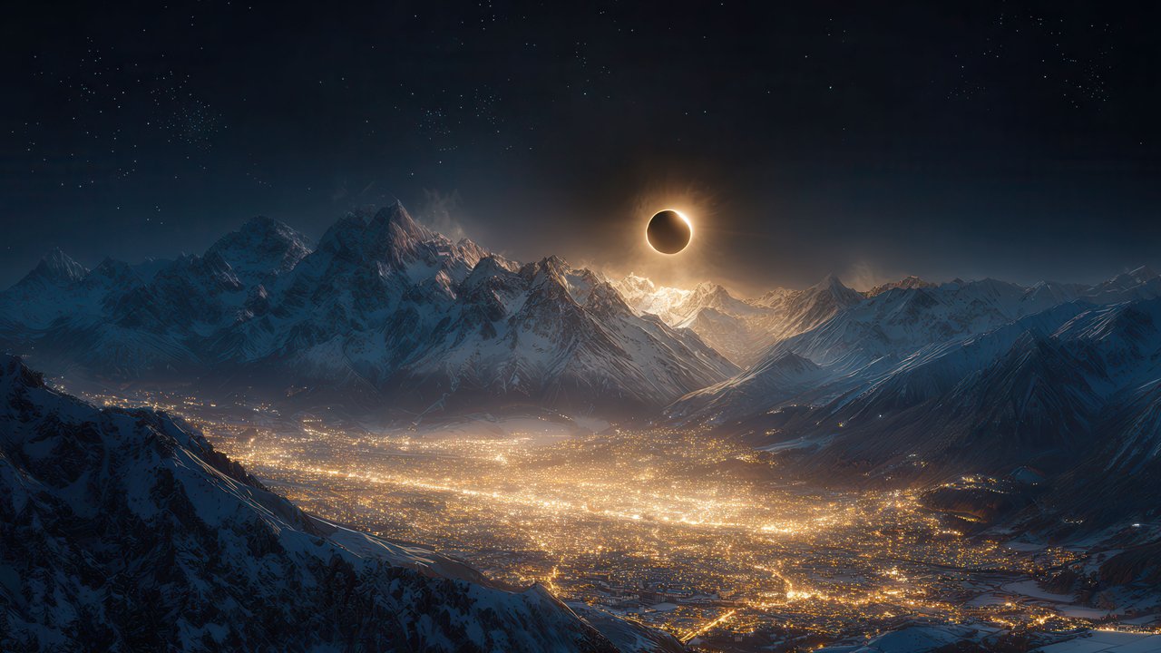 Total Eclipse Above Sparkling Mountain Metropolis