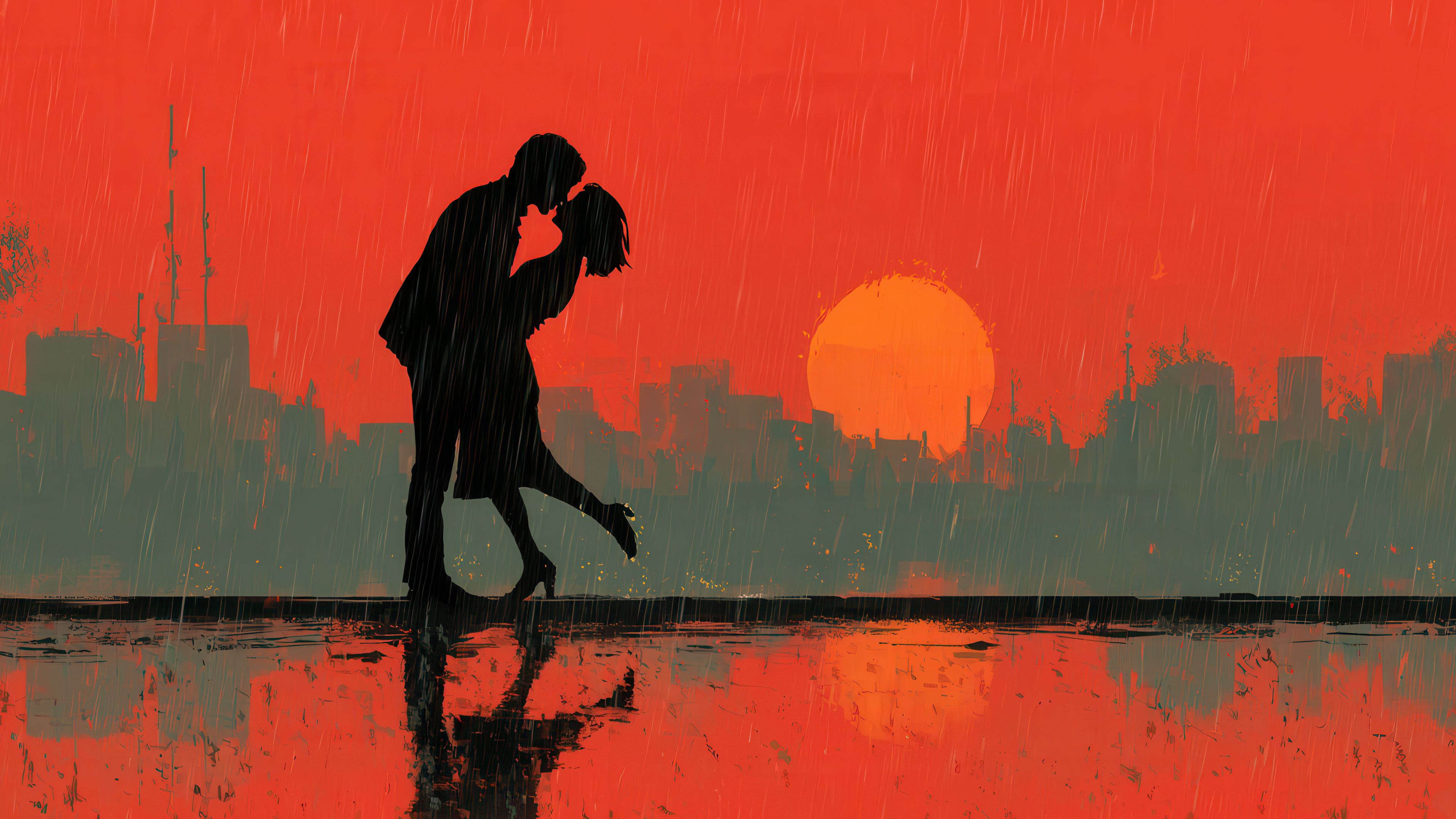 Romantic Silhouette Kiss Orange City Rain