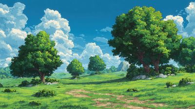 Ghibli Inspired Lush Green Landscape Under Blue Sky