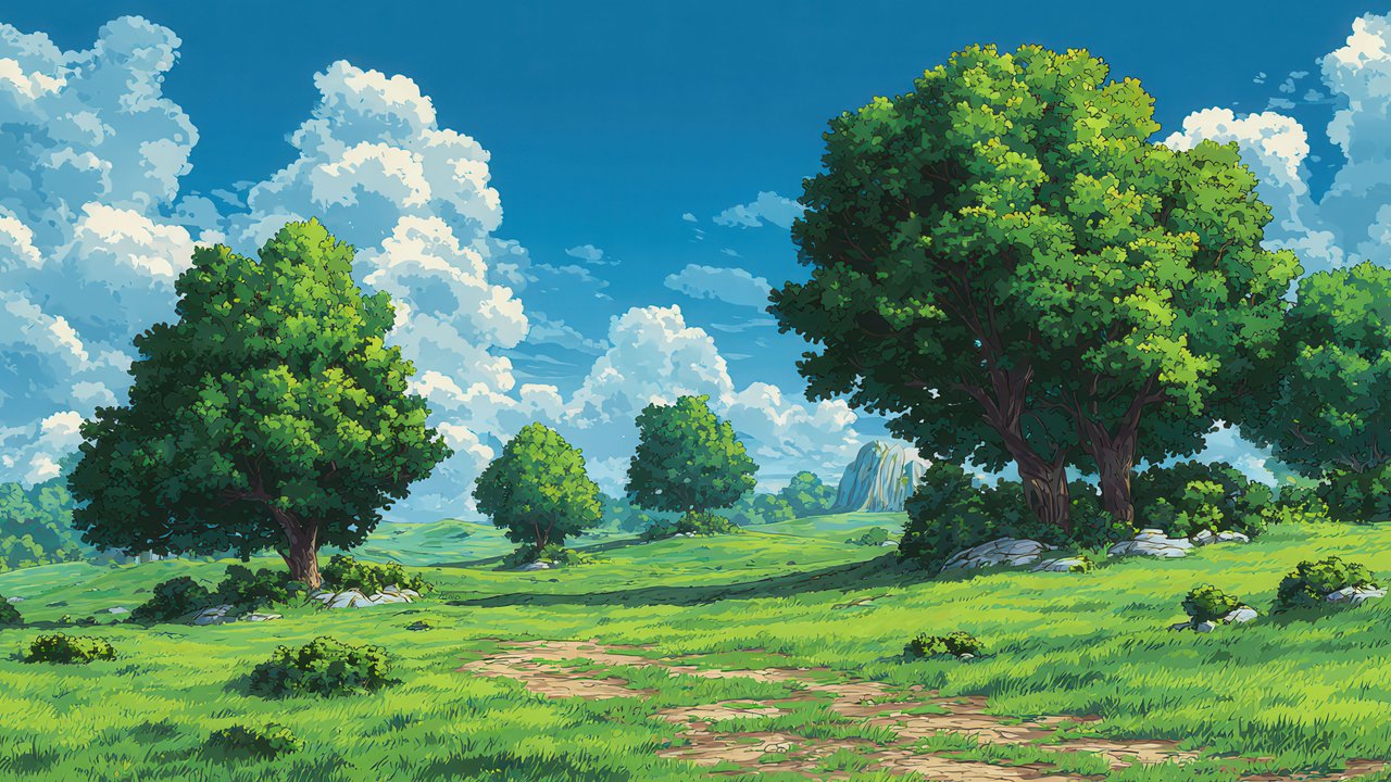 Ghibli Inspired Lush Green Landscape Under Blue Sky