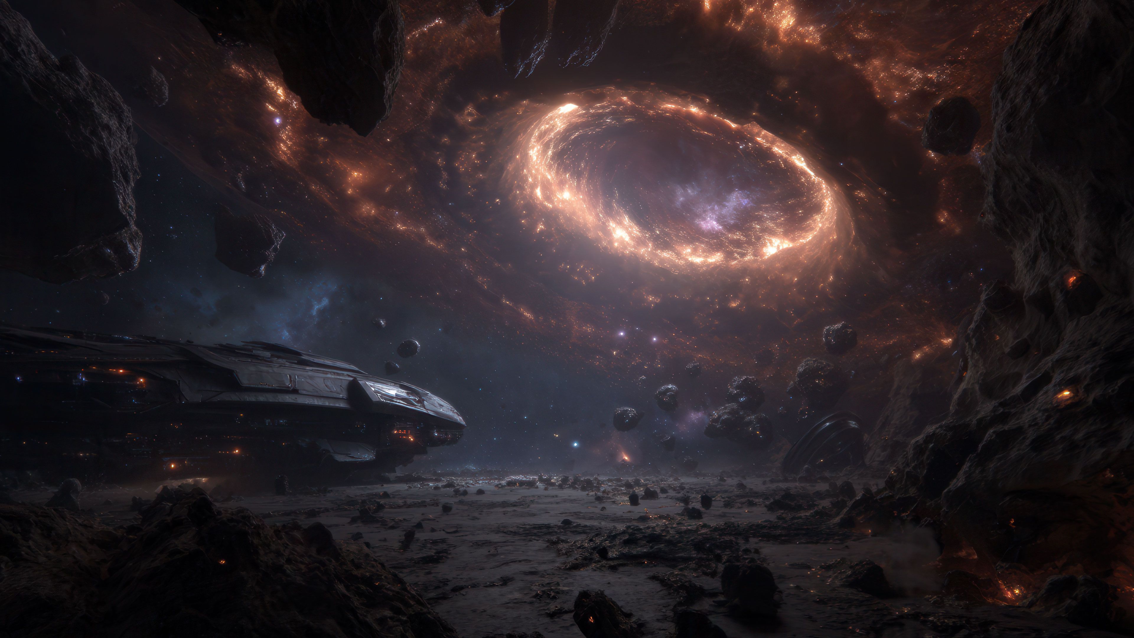 Vast Starship Beneath A Blazing Cosmic Vortex