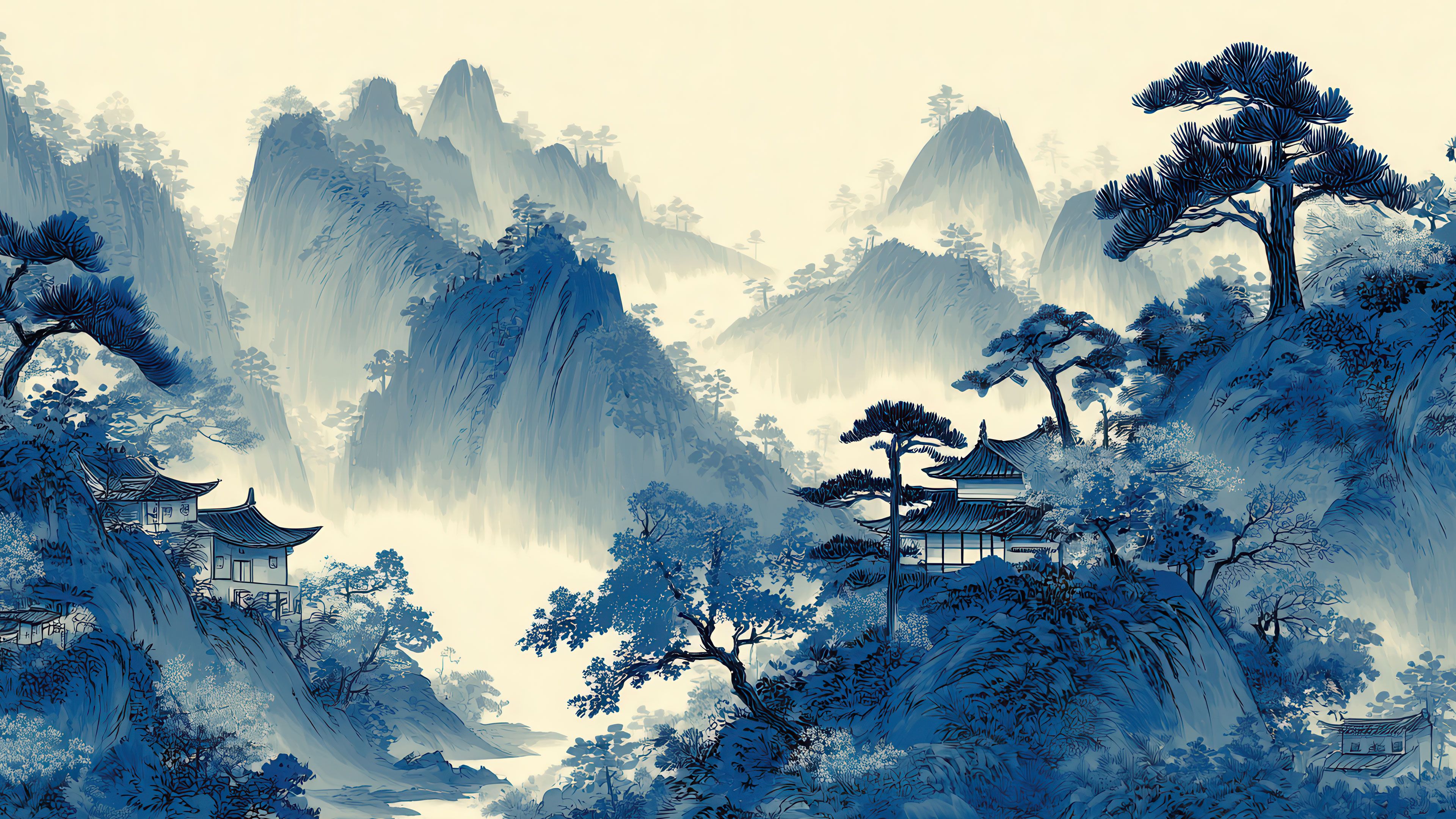 Serene Blue Chinese Ink Mountain Temple Scene