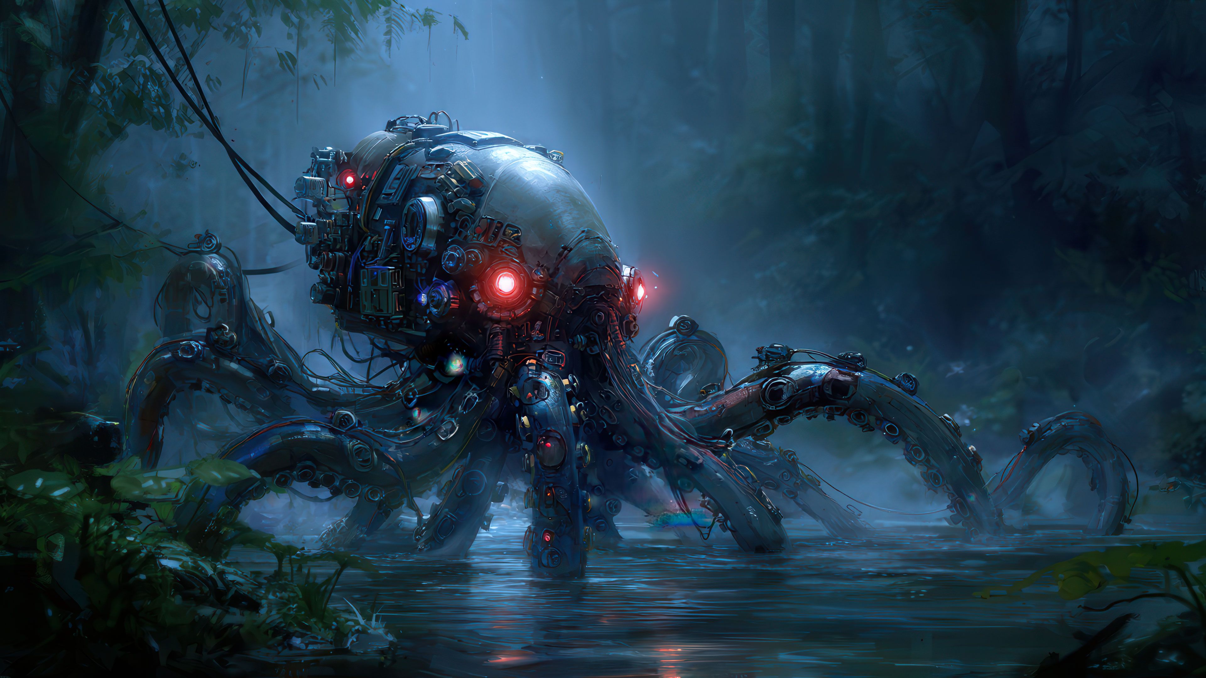 Mysterious Mechanical Kraken Emerges From Dark Jungle Water