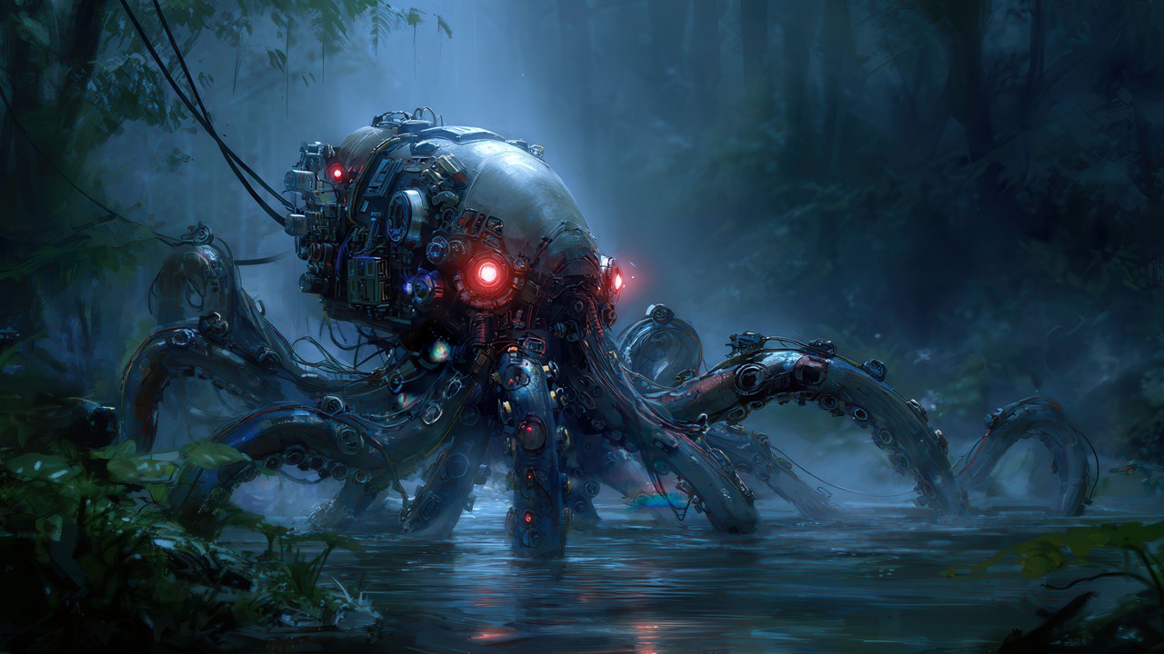 Mysterious Mechanical Kraken Emerges From Dark Jungle Water