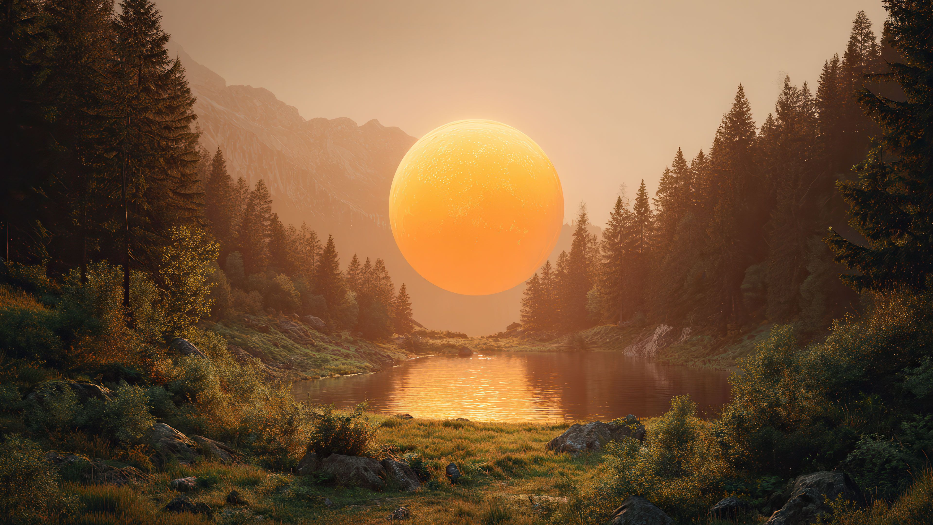 Enchanting Orange Sphere Reflecting In Mountain Lake