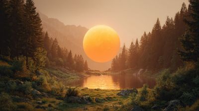 Enchanting Orange Sphere Reflecting In Mountain Lake