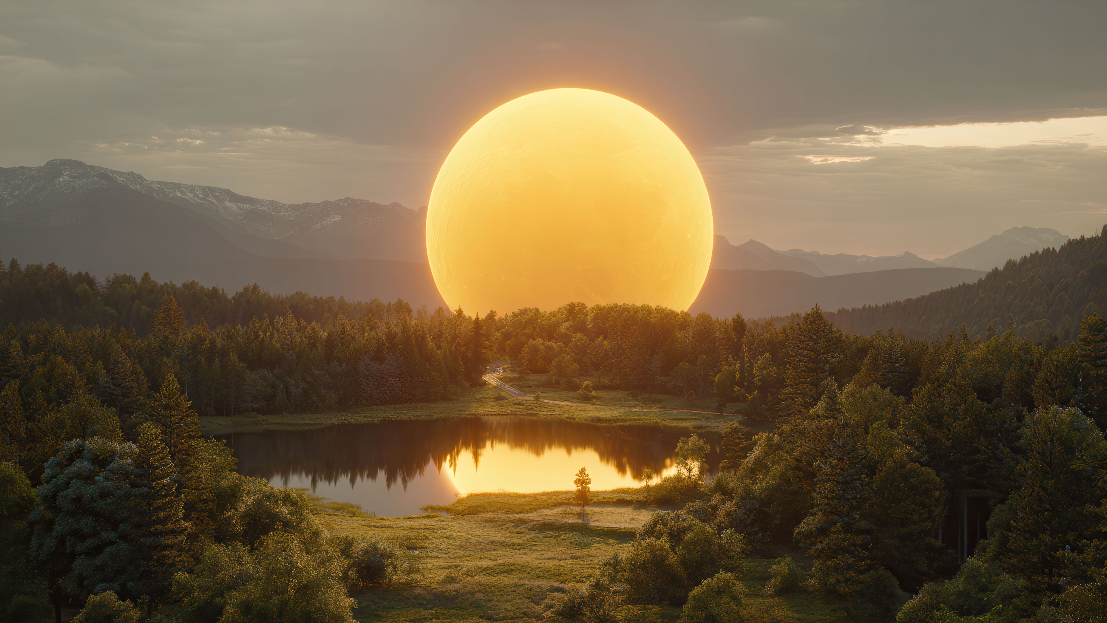 Surreal Golden Sun Reflects On Tranquil Mountain Lake