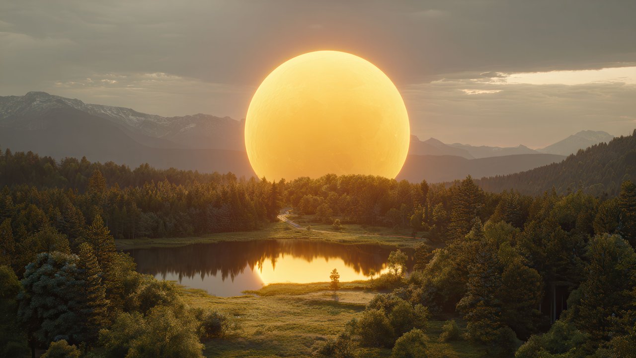 Surreal Golden Sun Reflects On Tranquil Mountain Lake