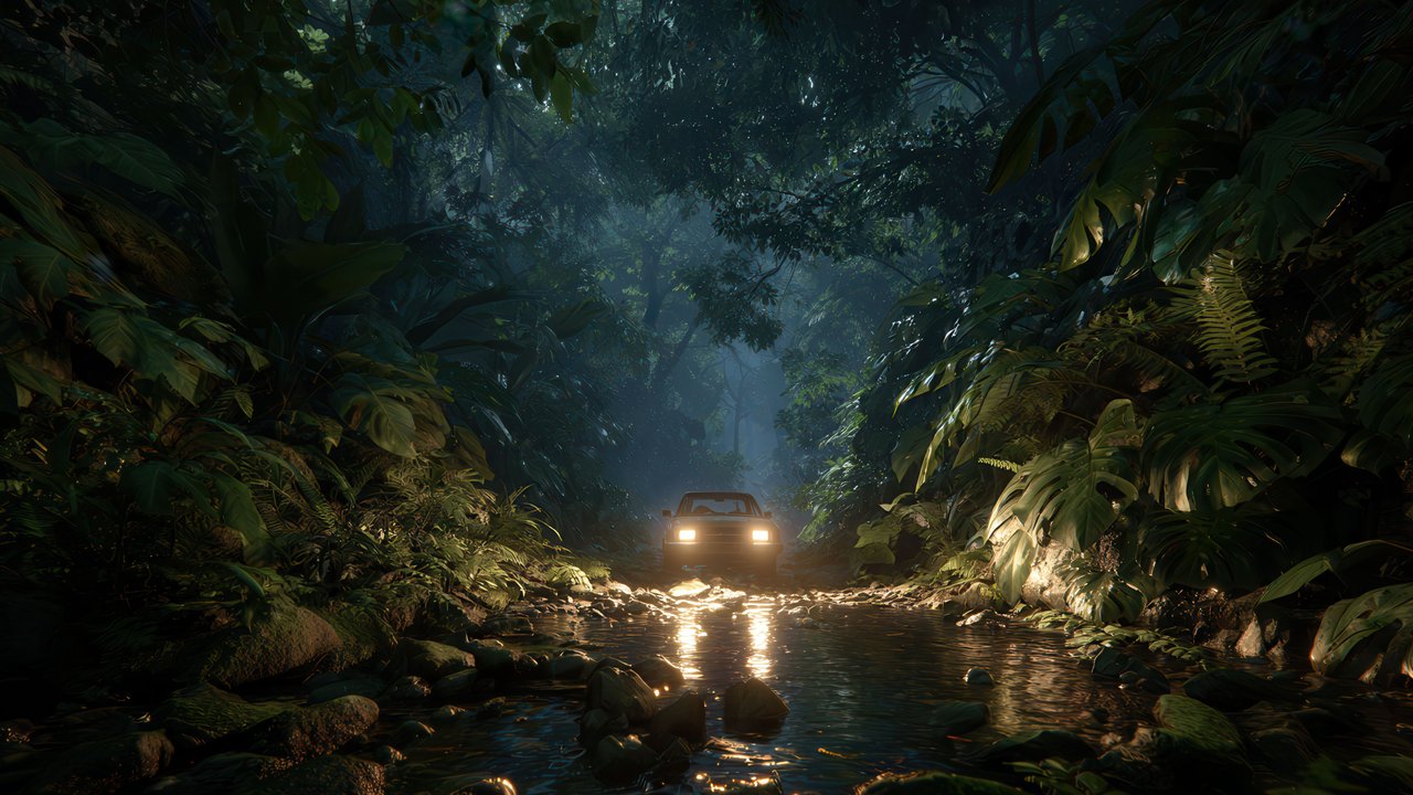 Headlights Illuminate Dense Jungle Water Crossing