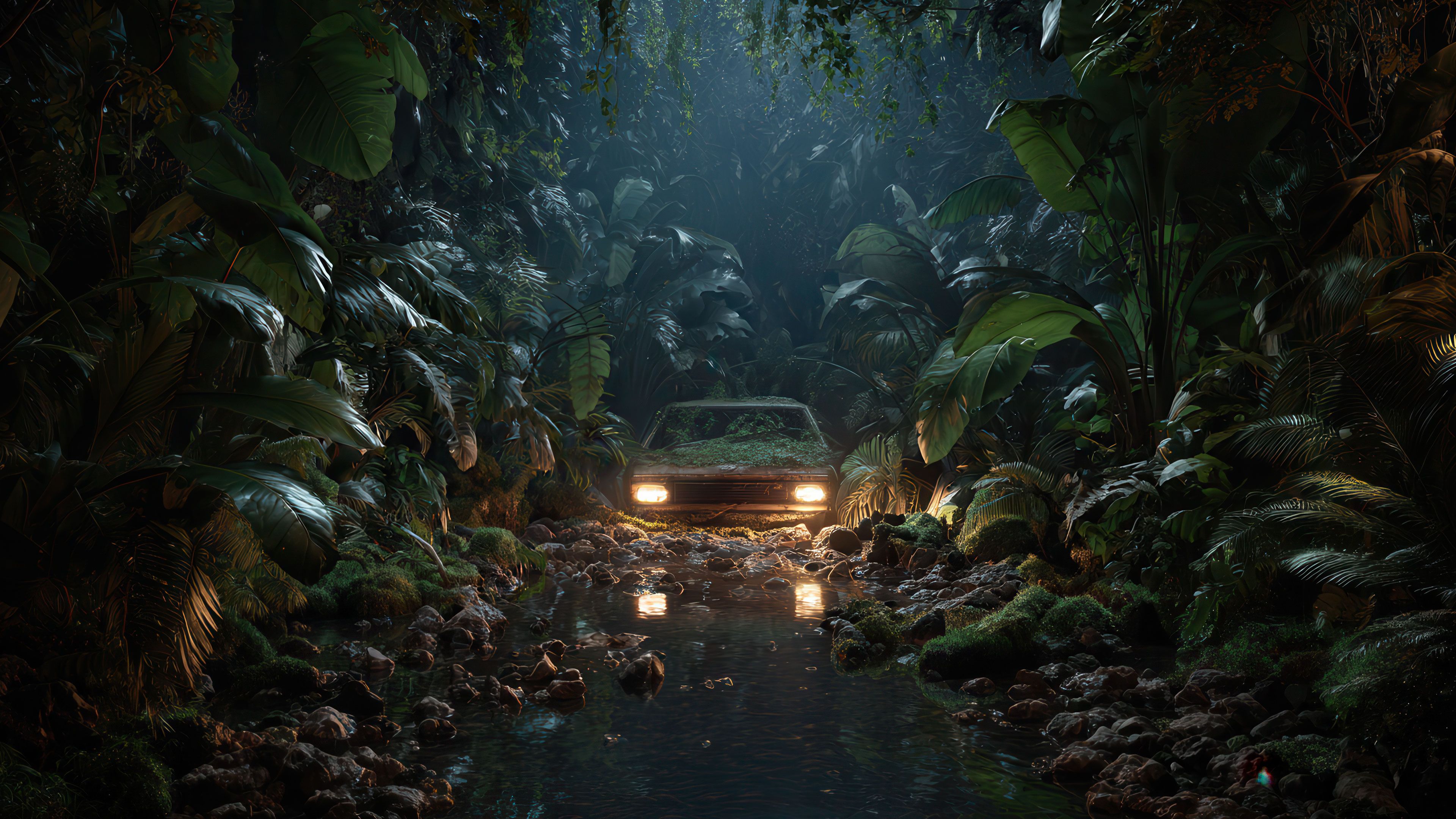 Nature Reclaiming Forgotten Car By A Jungle Stream