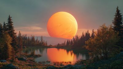 Otherworldly orange planet reflects in forest lake