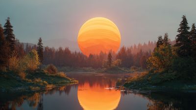 Giant orange orb reflecting in forest lake