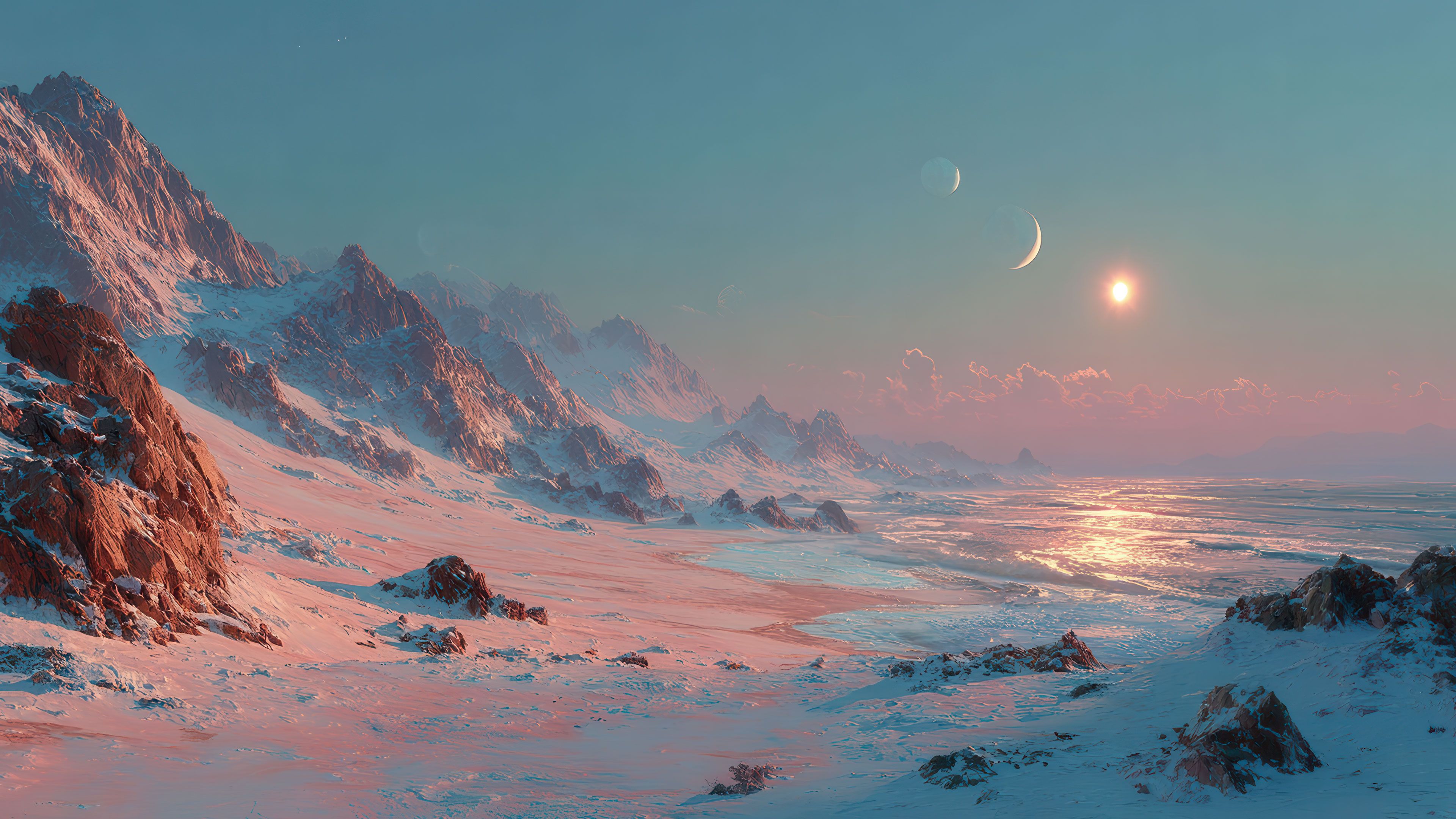 Icy Alien Planet Sunset Ocean Multiple Moons