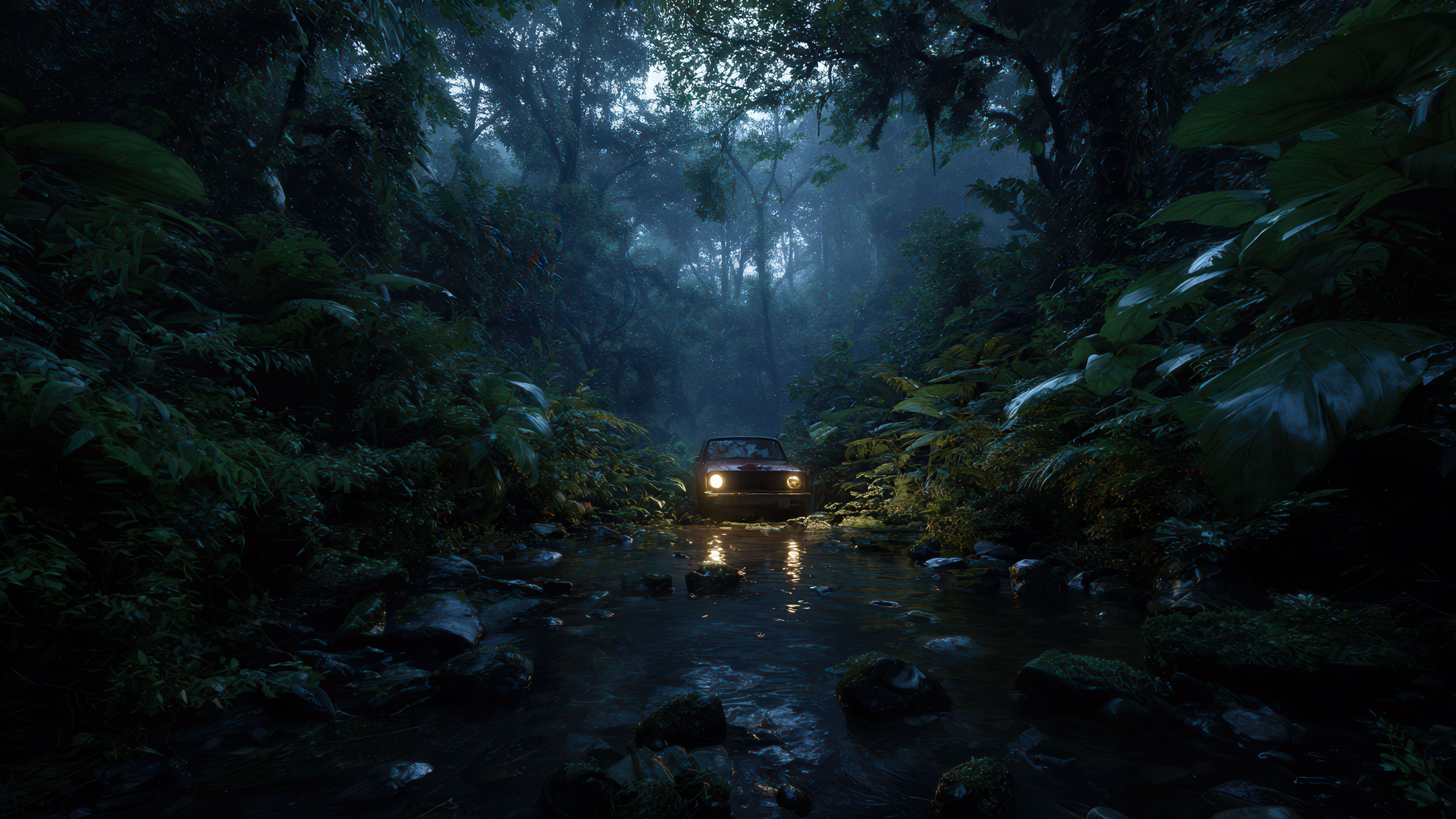 Vintage Car Fords Misty Jungle River At Night