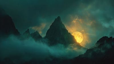 Dramatic Moon Over Misty Mountain Peaks