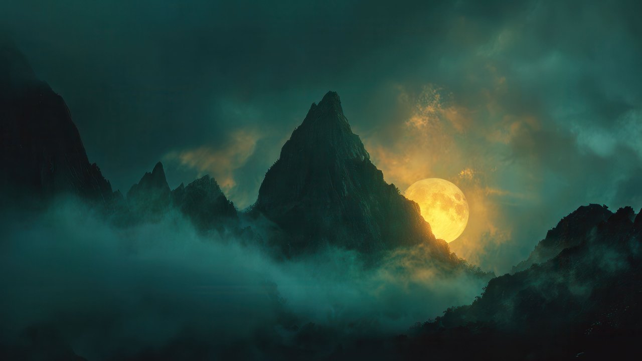 Dramatic Moon Over Misty Mountain Peaks