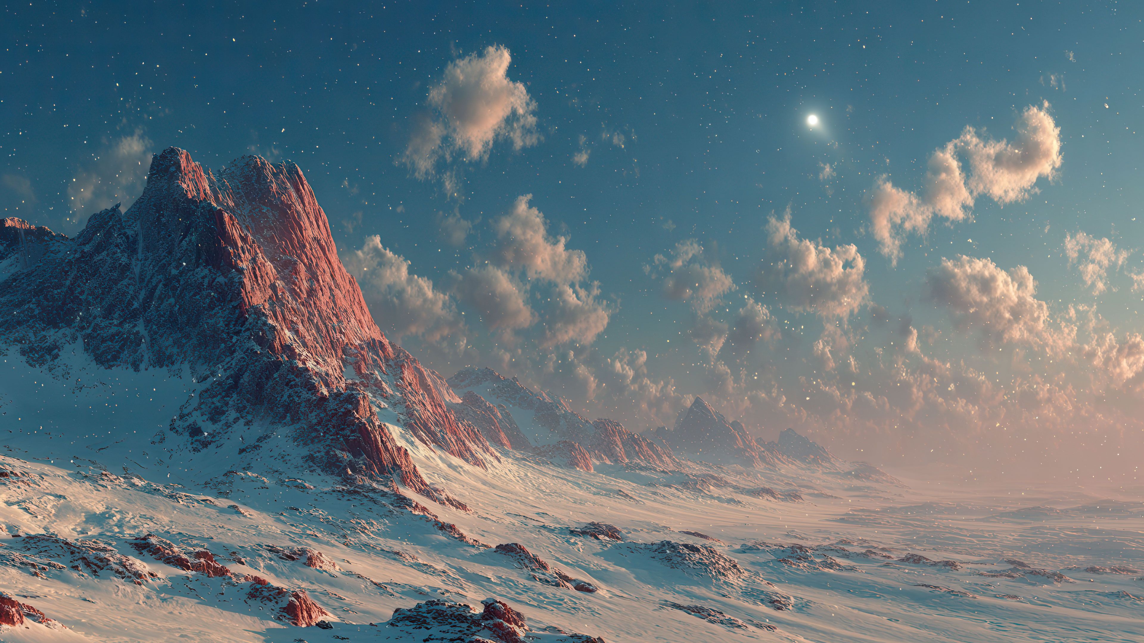 Winter Peaks Glowing Red Under a Starry Sky