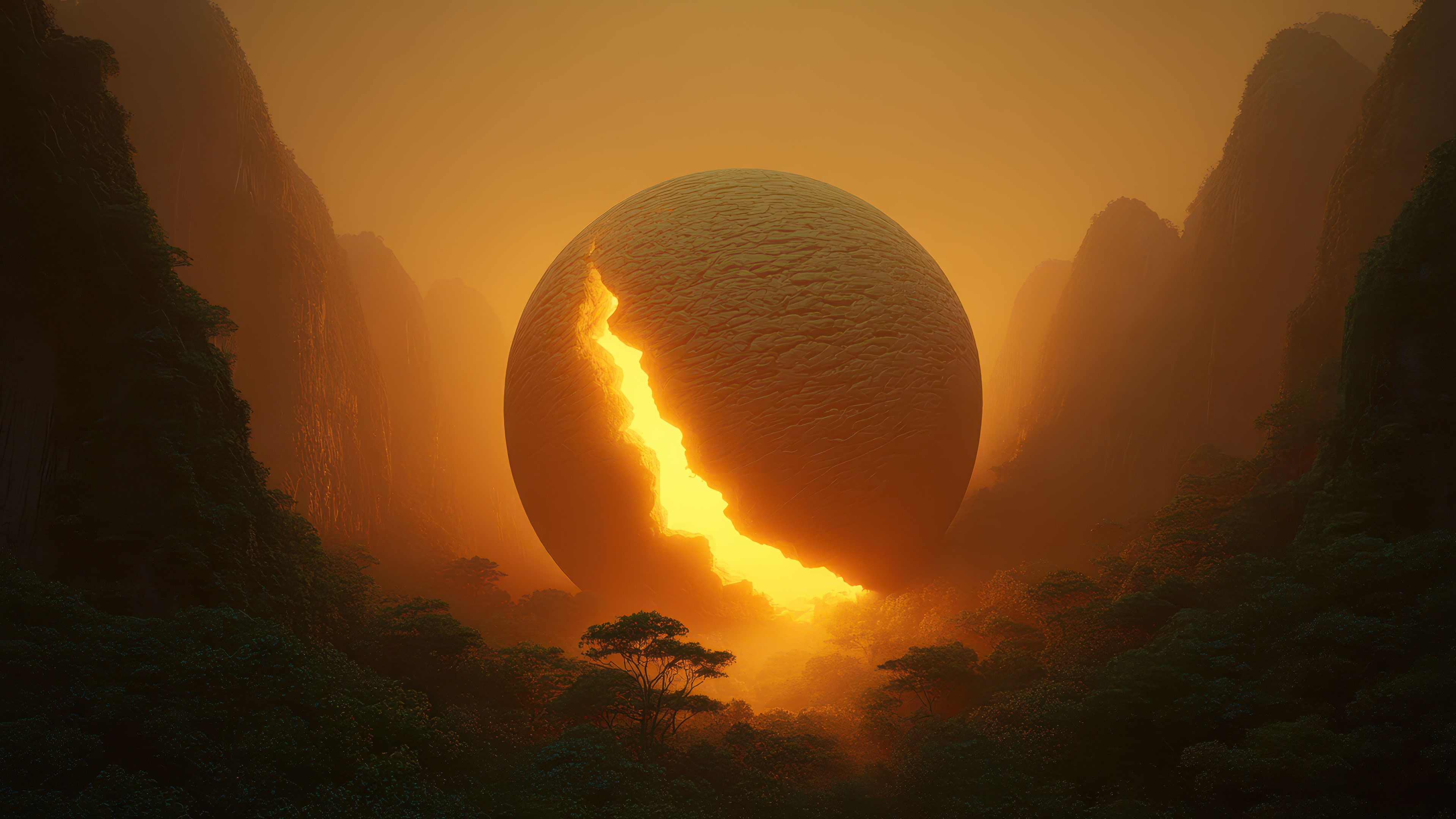 Giant Glowing Sphere Cracking In Misty Mountain Valley