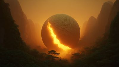 Giant Glowing Sphere Cracking In Misty Mountain Valley