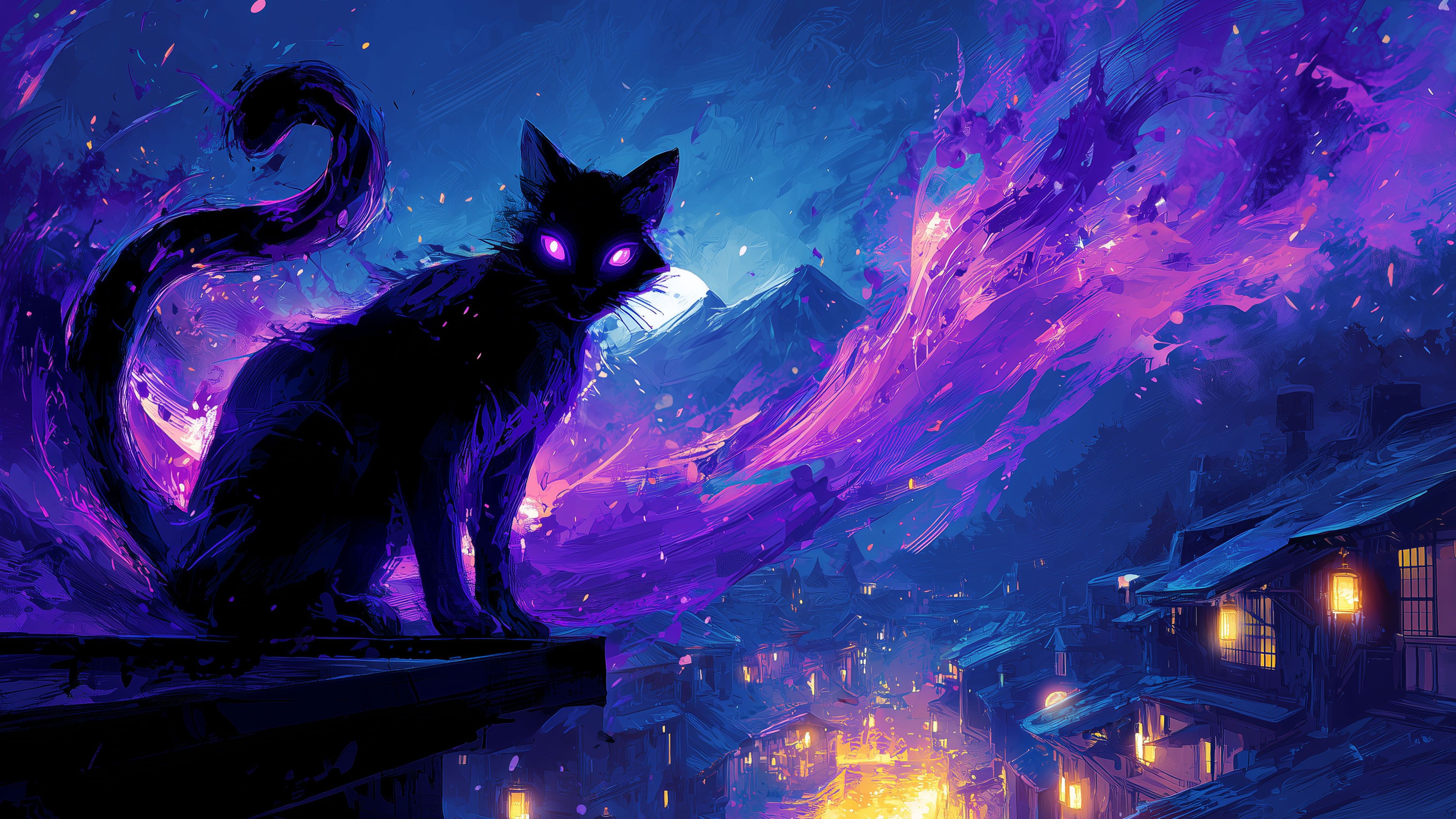 Cosmic Night Cat Above Lantern Lit Town