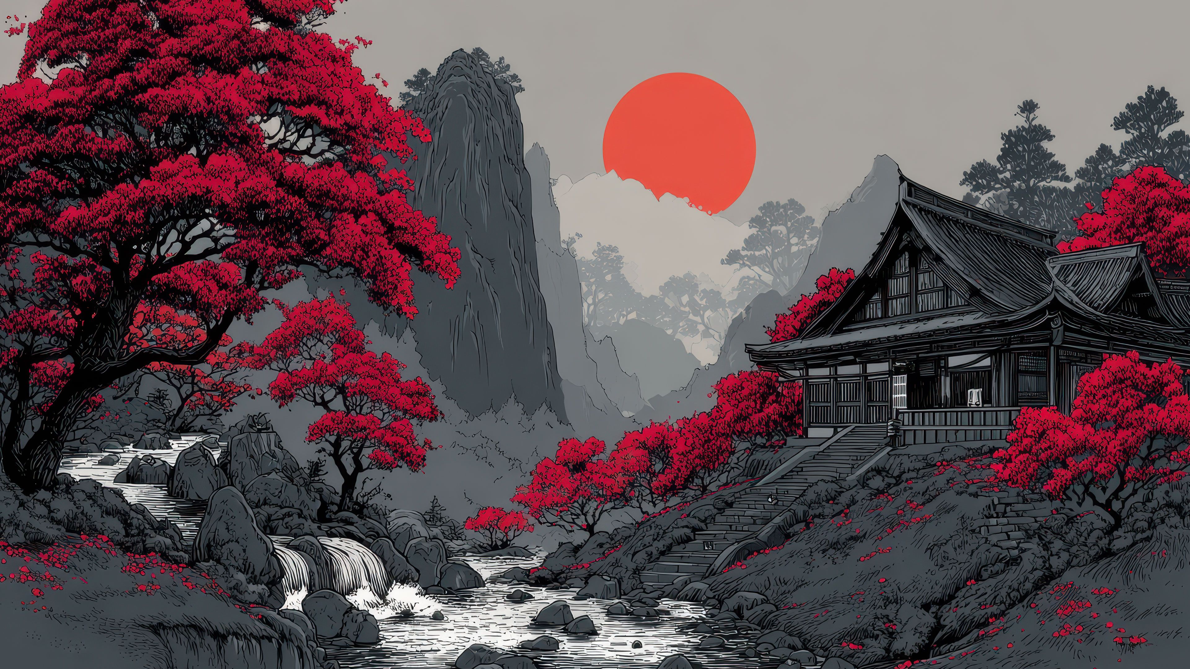 Red Foliage Temple Japanese Art Wallpaper