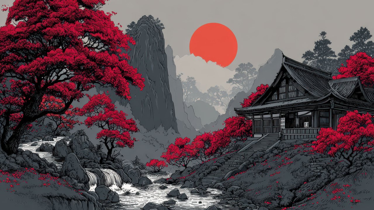 Red Foliage Temple Japanese Art Wallpaper