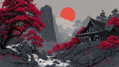 Red Foliage Temple Japanese Art Wallpaper