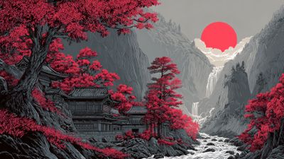 Ancient Temple Red Foliage Japanese Art Wallpaper