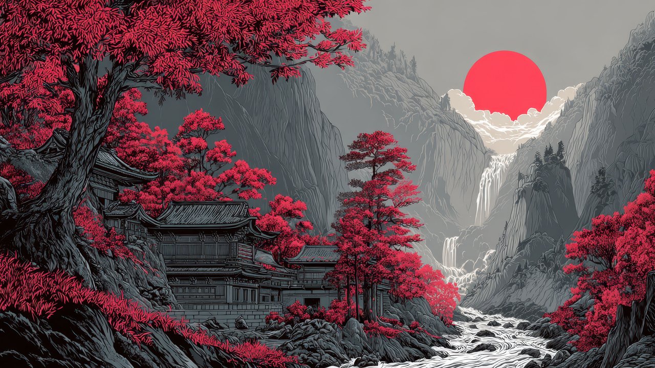 Ancient Temple Red Foliage Japanese Art Wallpaper